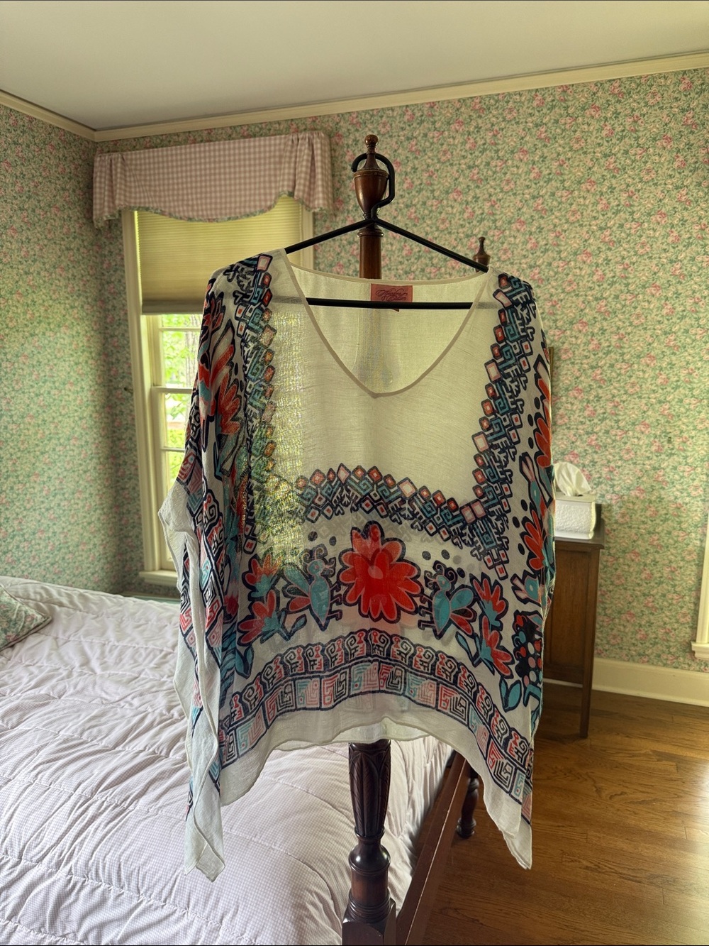 Theodora & Callum White Sheer Floral V-Neck Poncho Top with Red & Teal Accents